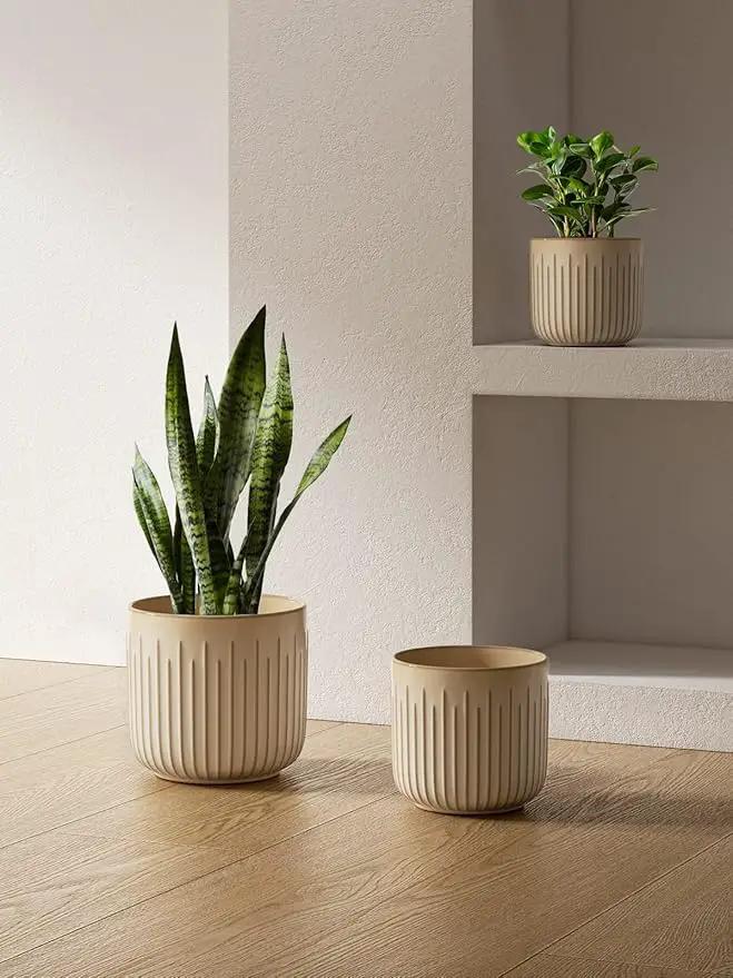 LE TAUCI Ceramic Planters, 8.3+6.9+5.7 Inch Plant Pots for Indoor Plants, Set of 3 Flower Pots with Drainage Holes, Round Planters Pot for Indoor House Plants, Reactive Glaze Cloud Cream, photo 4 of 7