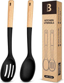 Silicone Cooking Spoons, Great for Scooping Sides and Serving Hearty Stews, BPA-Free Matte Silicone, Wooden Handle Serving Spoon for Nonstick Cooking Surfaces (Black) by CozyNest Decor
