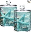 2 Pack Qtip Holder Organizer Dispenser Seashell Starfish Summer Beach Bathroom Storage Canister Cotton Ball Holder Container for Cotton Swabs/Pads/Floss by CozyNest Decor
