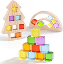 Wooden Building Blocks Set for Kids, Rainbow & Tree Shaped Wood Frame - 24 PCS Rainbow Gem Cubes Stacking Blocks, Montessori Stacking Toy for Toddlers, Early Learning Gifts for Boys Girls 3-6 by TinyTreasures Baby Boutique