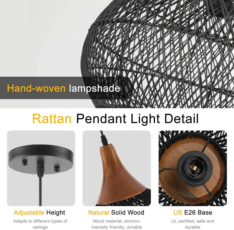 Black Rattan Pendant Light, 15.7" Rattan Chandelier Hand-Woven Wicker Pendant Light Fixtures with Solid Wood, Basket Hanging Lighting for Dining Room Kitchen Island Living Room, photo 2 of 6