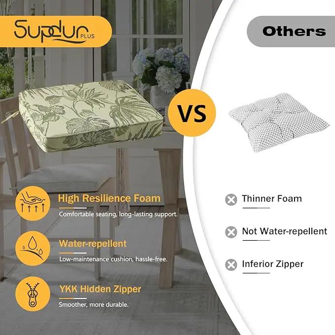 Outdoor Square Corner Seat Cushion, 19"x19"x3", Set of 4, Non Slip Seat Cushion Pads with Removable Cover for Patio Furniture, Garden Yard Lawn, Dark Green Vine, photo 6 of 6