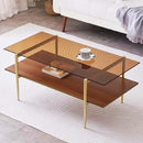 Rectangle Coffee Table, Mid-Century Modern Design, L41 W21 x H17, for Living Room, 2-Tier Structure, Amber Glass Top and Walnut MDF Shelf, Sleek Conical Metal Legs with Gold Finish by CozyNest Decor
