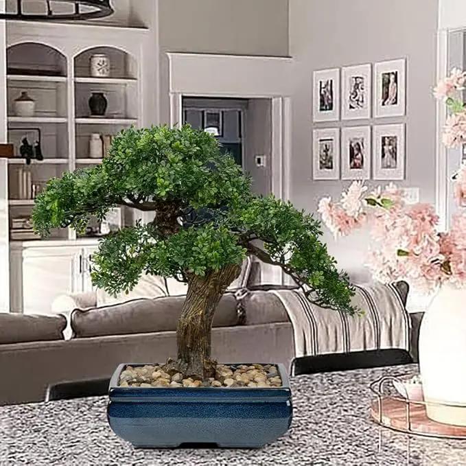 Artificial Bonsai Tree Juniper Faux Plants Indoor Fake Plants Decor with Blue Square Ceramic Pots for Home Table Office Desk Bathroom Shelf Bedroom Living Room Farmhouse Decorations, photo 5 of 6