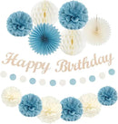 Dusty-Blue White Birthday Party-Decorations Paper-Flowers - 14pcs Happy Banner Boy Lanterns Tissue Pom Poms,Men Streamers Garland Fans Honeycomb,Baby Teen Male Kids Hanging Supplies Decor Hugfond by CozyNest Decor