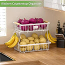 2 Tier Fruit Basket for Kitchen Counter with 2 Banana Hangers, Countertop Metal Fruit Bowl with Wooden Handle, Large Storage Stand for Vegetables, Snacks, Breads, Produce Storage – White by CozyNest Decor