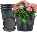 10 Inch Planter-Pots-for-Plants-Indoor-Outdoor, 4 Pack Plastic Flower Pots with Saucer & Drainage Holes, Modern Decorative Resin Garden Pots by CozyNest Decor