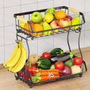 2 Tier Fruit Basket with 2 Banana Hangers, Detachable Countertop Fruit Bowls for Kitchen Counter, Metal Wire Fruit Vegetable Storage Holder Stand with Wooden Handles for Bread, Snacks, Veggies by CozyNest Decor