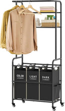 Laundry Sorter 3 Section,Laundry Hamper Cart with Hanging Rack & Removable Bags,Heavy Duty Laundry Basket with Wheels & 2 Tier Shelf,Space-Saving Laundry Basket Organizer for Laundry Room by CozyNest Decor
