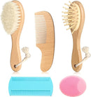 Goat Baby Hair Brush Set, Wooden Comb Massage Scalp Comb, Safe Natural Hair Care Kit, Soft Silicone Bath Brush for Newborns Toddlers (Brush Set+ Pink Massager) by TinyTreasures Baby Boutique