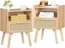 Lerliuo Rattan Nightstands Set of 2, Boho Side Table with Drawer Open Shelf, Cane Accent Bedside End Table with Solid Wood Legs for Bedroom, Dorm and Small Spaces (Natural) by CozyNest Decor