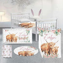 Custom Nursery Crib Bedding Set: Personalized Name 4 Piece Floral Highland Cow Design Baby Crib Sets for Girls - Toddler Double Layer Blanket Set, Comfortable Crib Bed Sheets for Baby Toddlers by TinyTreasures Baby Boutique