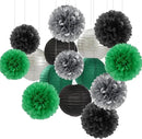 Green-Black Silver Party-Decorations Paper Flowers Lanterns - 15PCS Football Game Day Birthday Tissue Pom Poms Streamers, Bachelorette New Years Hanging Supplies Decor Hugfond by CozyNest Decor