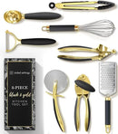 Black and Gold Kitchen Utensils - Luxe 8-Piece Gold Kitchen Tools Set with Can Opener, Pizza Cutter, Peeler, Mini Whisk, and Tongs - Stylish Accessories for Modern Cooking and Ideal for Gifting by CozyNest Decor