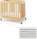 Foundations Boutique Folding Hotel Crib and Sheet Bundle - Includes Wooden Mini Crib with 3" Foam Mattress (Natural) and 6-Pack White Fitted Compact Sheets by TinyTreasures Baby Boutique