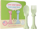 Made in USA Spoon la la Toddler Utensils Set (2 Pack) & Board Book - Spoon & Fork for Kids, Self-Standing 3D Ergonomic Cat & Dog Handles, BPA-free, Dishwasher Safe Baby Silverware (Mint Green) by TinyTreasures Baby Boutique