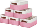 DULLEMELO Small Storage Baskets 6 Pack, Fabric Collapsible Gift Storage Baskets for Shelves, Closets, Nursery, Home, Office Organizing,Small Canvas Linen Rectangular Storage Bins (6-Pack, White&Pink) by TinyTreasures Baby Boutique