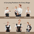 Baby Carrier with Hip Seat, BeBeBus 2-in-1 Ergonomic Newborn to Toddler Carrier up to 44 lbs, Detachable Hands-Free for Infant, All Season Forward-Facing Carry, Fits Waist Sizes up to 38 inch (Black) by TinyTreasures Baby Boutique