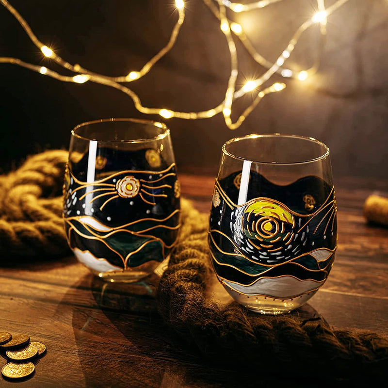 Vincent Van Gogh Wine Glasses Artisanal Hand Painted Stemless Set of 2 - The Wine Savant - 2 Set of Tumblers - Artistic Gift Idea for Her, Him, Birthday, Housewarming - Extra Large Goblets (18.5 OZ)