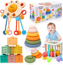 Montessori Toys for Babies 6-12 Months, 4 in 1 Soft Baby Teething Toys, Stacking Building Blocks & Rings for Infants, Sensory Bin Toy by TinyTreasures Baby Boutique