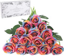 Rainbow Fake Roses Artificial Flowers - 16 Pcs Fake Artificial Roses Silk Flowers with Stems for Home Wedding Hotel Office Centerpiece Decor（Rainbow） by CozyNest Decor