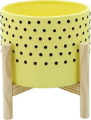 Sagebrook Home 8" Planter on Stand - Ceramic Planter on Wooden Base - Contemporary Yellow and Black Dotted Design Indoor or Outdoor Plant Stand Decor by GreenHaven Gardens
