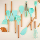 Silicone Cooking Utensils Set, Premium Beech Wood Handle Kitchen Gadgets Utensil Set, Non-Stick Kitchen Utensils Spatula, Tongs, Turner, Whisk, Brush, Spoon, BPA FREE, 446°F Resistant (Mint) by CozyNest Decor