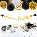 Black Gold Party-Decoration Graduation Banner - 14pcs Kits Cap Garland Streamers, Paper Tissue Pom Poms Flowers Fans Honeycomb,Class Of 2025 College High School Grad Decor Hugfond by CozyNest Decor