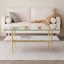 Rectangle Coffee Table for Living Room, Mid-Century Modern Design, L41 x W21 x H17, 2-Tier Structure, Clear Glass Top and White Marble Finish Wood Shelf, Conical Legs with Gold Finish by CozyNest Decor