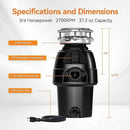 3/4 HP Garbage Disposal, TECASA Food Garbage Disposal with Power Cord, Stainless Steel Grinding System and 3-Bolt Mounting, Continuous Feed Garbage Disposals, Quiet, Taskmaid Series 75 by CozyNest Decor