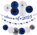 Navy-Blue White-Silver Party-Decoration Graduation Banner - 14pcs Kits Cap Garland Streamers, Royal Paper Tissue Pom Poms Flowers Fans Honeycomb,Class Of 2025 College High School Grad Decor Hugfond by CozyNest Decor