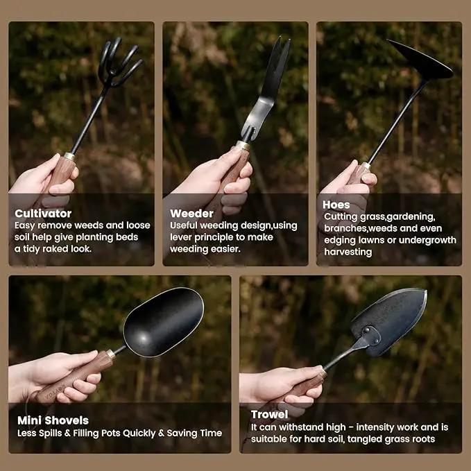 Garden Tool Set,5Pcs Gardening Tools,Stainless Steel Heavy Duty Hand Cultivator, Hoes，Shovel, Trowel and Weeder with Ergonomics Walnut Handle，Gardening Gifts for Women, photo 3 of 7