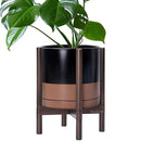 D'vine Dev Ceramic Planter with Walnut Color Stand - 12 Inch Modern Round Flower Pot with Wood Planter Holder, Black/Speckled Tan, 55-B-W-7 by CozyNest Decor