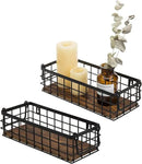 MyGift Set of 2 Wire Baskets for Pantry, Wall Mounted or Tabletop Black Metal Baskets for Organizing with Burnt Wood Base and Handles by CozyNest Decor