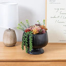 MyGift 10 Inch Modern Artificial Succulent Arrangement Potted in Matte Black Ribbed Ceramic Round Planter, Decorative Plant Pot with Assorted Faux Mini Succulents by CozyNest Decor