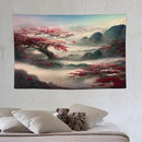 Japanese Tapestry, Red Plum Cherry Blossom Mountain, Asian Wall Art, Nature Landscape for Bedroom & Living Room Decor, 60"x40" by CozyNest Decor