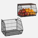 Wetheny 2 Tier Stackable Wall Mounted Wire Basket Fruit Basket with Wood Lid - Kitchen Pantry Organization and Storage, Hanging Storage Basket for fruits, Onion, Potato, Produce, Vegetable (Black) by CozyNest Decor