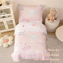 PERFEMET 4 Piece Toddler Girl Bedding Set Space Theme Pink Toddler Bed Set with Sheets Soft Reversible Astronaut Planets Crib Bed Comforter for Kids Girls by TinyTreasures Baby Boutique