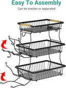 3 Tier Fruit Basket for Kitchen Counter with 2 Banana Hangers, Countertop Metal Fruit Bowl with Wooden Handle, Large Storage Stand for Vegetables, Snacks, Breads, Produce Storage – Black by CozyNest Decor