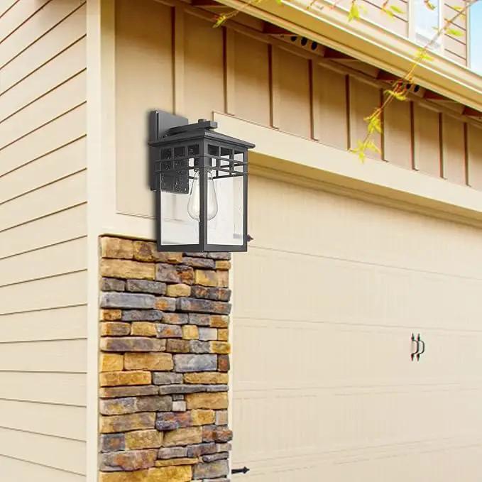 Outdoor Light Fixture Wall Mount, Modern Exterior Lights Fixture Wall Sconces with Seeded Glass for Front Porch, Farmhouse Waterproof Black Carriage Lantern Lamp Outside for Home, Garage, 2 Pack, photo 9 of 9