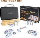 Mexican Train Double 12 Dominoes Set with 4 Wooden Trays/Racks in Portable Carrying Case Colorful 91 Tiles & 9 Trains Board Game for Family Game Night by TinyTreasures Baby Boutique