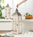 TIMRIS Large Rustic Wooden Decorative Lantern Set of 2, Modern Farmhouse Distressed Whitewash Floor Candle Lanterns, Indoor/Outdoor Hanging Lanterns for Home Decor (No Glass) by CozyNest Decor