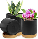 3 Pack 6/5/4 inch Cylindrical Flower Pots, Modern Small Round Plastic Plant Pots with Drainage Holes & Saucers, Clean and Refined Planter Pots for Outdoor, Indoor & Office Decor (Black Brown) by GreenHaven Gardens