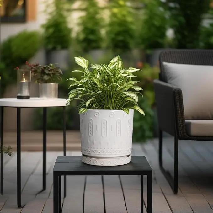 Ceramic Planter for Indoor Plants - 8 Inch Plant Pot Outdoor Flower Pot with Drainage Holes and Saucer Modern Round Planter Succulent Pot for Home Garden Decor White, photo 4 of 9