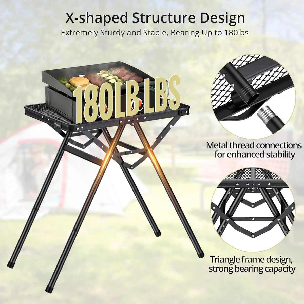 2ft Sturdy Folding Grill Table, Supports 180 Lbs, 2 Adjustable Height 28” Portable Grill Table, Heat-Resistant Tabletop, Folding Metal Table for Camping BBQ Cooking Backyard, 24" X 16", Black, photo 4 of 6