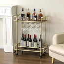 MyGift 2 Tier Rolling Bar Cart, Vintage Brass Tone Metal Cocktail and Wine Trolley with Burnt Wood Shelf Trays, Wine Glass Stemware Holder Rack and Lockable Wheels by CozyNest Decor