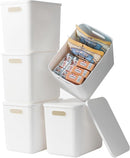 5 pack large plastic White storage bins with Lids, Toy Box Chest with Handle，Organizer Containers Baskets for Baby,Nursery，Shelves，Playroom, Bedroom，Office,Closet，home (White, 5L) by TinyTreasures Baby Boutique