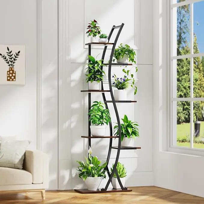 62" Tall Plant Stand with Grow Light Indoor, 7 Tiered Metal Plant Shelf Bookshelf, Curved Corner Flower Stand Display Storage Rack Holder for Living Room, Balcony Decor, photo 2 of 7