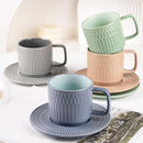 Large Cappuccino Cups with Saucers Set of 4, 8 Ounce Stackable Embossed Ceramic Coffee Mugs for Specialty Coffee Drinks, Latte, Cafe Mocha and Tea, Dishwasher & Microwave Safe (Mix) by CozyNest Decor