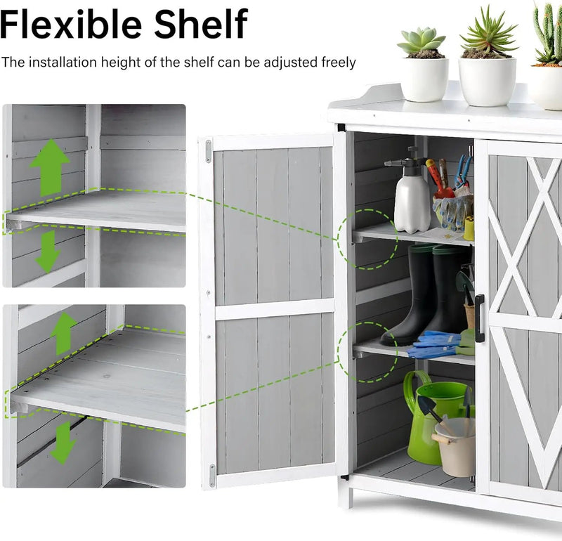 Outdoor Cabinet with Metal Tabletop Garden Potting Bench Table - Outdoor Garden Patio Wooden Storage Cabinet with Adjustable Shelf, Wooden Storage Cabinets, Weatherproof for Garden Patio Lawn, photo 2 of 6